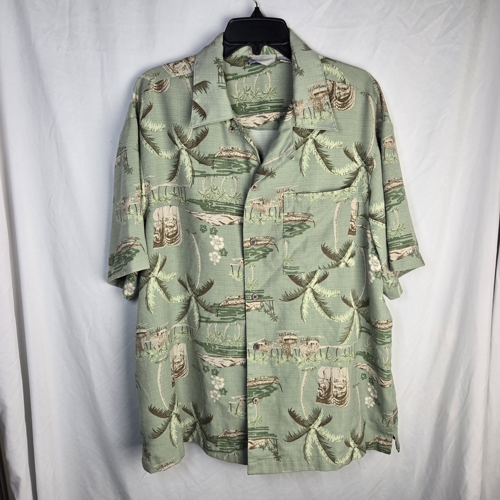 Island Shores Hawaiian Aloha Shirt Mens Large Green Tiki Vacation Coastal Cruise